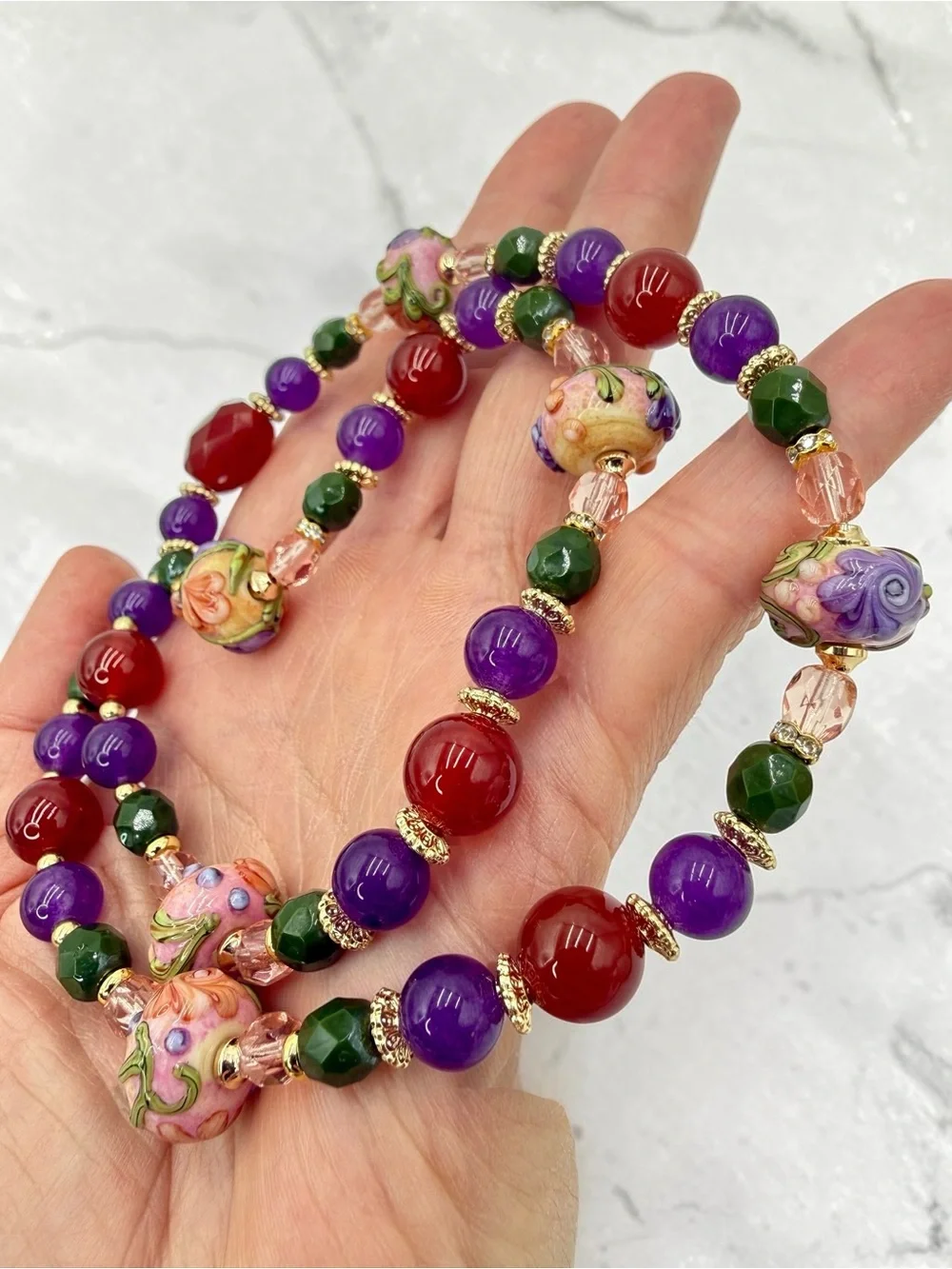 Artisan Handmade Amethyst Carnelian Lampwork Floral Necklace 20” Gold Floral Lux - Picture 11 of 17